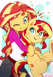 Size: 2254x3242 | Tagged: safe, artist:nendo, derpibooru import, sunset shimmer, pony, unicorn, equestria girls, blushing, camp everfree outfits, carrying, clothes, cute, female, happy, heart, human ponidox, mare, one eye closed, self ponidox, shimmerbetes, smiling