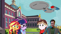 Size: 1199x674 | Tagged: artist needed, safe, artist:jrshinkansenhorse, derpibooru exclusive, derpibooru import, sci-twi, sunset shimmer, twilight sparkle, oc, oc:captain becky ray shoichet, better together, equestria girls, canterlot high, crossover, female, john de lancie, lesbian, q, scitwishimmer, shipping, spaceship, star trek, star trek: sunset shimmer, starfleet, starship, sunsetsparkle, uss sunset shimmer