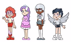 Size: 3825x2250 | Tagged: safe, artist:charrlll, derpibooru import, diamond tiara, rumble, silver spoon, twist, human, alternate hairstyle, boots, bowtie, bracelet, braces, clothes, converse, dark skin, dress, ear piercing, earring, female, flats, freckles, glasses, grin, humanized, jewelry, male, necklace, open mouth, piercing, shirt, shoes, shorts, skirt, smiling, socks, sports shorts, stockings, striped socks, t-shirt, thigh highs, tiara, vest, winged humanization, wings
