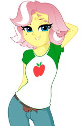 Size: 858x1337 | Tagged: safe, artist:rosemile mulberry, derpibooru import, applejack, vignette valencia, better together, equestria girls, rollercoaster of friendship, apple, beauty mark, bedroom eyes, belt, clothes, clothes swap, female, gradient hair, hand on head, jeans, looking at you, pants, shirt, simple background, smiling, solo, t-shirt, white background