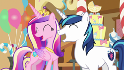 Size: 1280x720 | Tagged: safe, derpibooru import, screencap, princess cadance, shining armor, alicorn, pony, unicorn, season 5, the one where pinkie pie knows, ^^, crown, cute, cutedance, eyes closed, female, jewelry, laughing, male, mare, open mouth, regalia, shining adorable, smiling, stallion, sugarcube corner