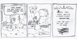 Size: 3406x1725 | Tagged: safe, artist:lost marbles, derpibooru import, maud pie, earth pony, pony, bush, comic, comic strip, narration, pencil drawing, stone, sword, sword in the stone, traditional art, tree, weapon