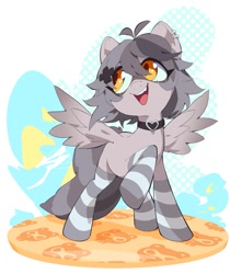 Size: 1429x1700 | Tagged: safe, artist:aetherionart, derpibooru import, oc, oc only, oc:snuffy, pegasus, pony, choker, clothes, fangs, heart choker, looking back, open mouth, raised hoof, raised leg, smiling, socks, solo, spread wings, striped socks, vtuber, wings