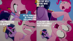 Size: 1280x720 | Tagged: safe, derpibooru import, edit, edited screencap, editor:quoterific, screencap, pinkie pie, twilight sparkle, twilight sparkle (alicorn), alicorn, earth pony, pony, my little pony: the movie, boop, crown, faic, female, jewelry, mare, nose to nose, noseboop, not helping, open mouth, pinkie pie is best facemaker, pointing, regalia, teeth, wide eyes