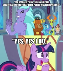 Size: 500x563 | Tagged: safe, derpibooru import, edit, edited screencap, screencap, grampa gruff, prince rutherford, princess ember, seaspray, thorax, twilight sparkle, changedling, changeling, school daze, alternative history, empress twilight, king thorax