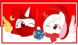 Size: 678x394 | Tagged: safe, artist:earthpone06, derpibooru import, oc, oc only, oc:sinar bulan indonesia, alicorn, pegasus, duo, duo female, earth, female, head, hijab, indonesia, indonesian flag, islam, looking at each other, mare, mask, moon, one eye closed, pegasus oc, smiling, smiling at each other, wink