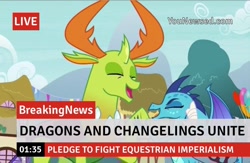 Size: 750x490 | Tagged: safe, derpibooru import, edit, edited screencap, screencap, princess ember, thorax, changedling, changeling, dragon, triple threat, break your own news, breaking news, dragoness, female, king thorax, male