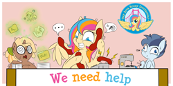 Size: 1200x600 | Tagged: safe, derpibooru import, oc, oc:copper chip, oc:golden gates, oc:silver span, babscon, babscon mascots, busy, telephone