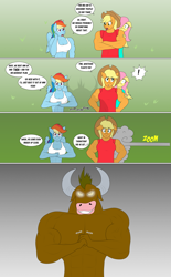 Size: 3061x4950 | Tagged: safe, artist:matchstickman, derpibooru import, applejack, fluttershy, rainbow dash, anthro, earth pony, minotaur, pegasus, comic:now i'm a jerk, abs, applejacked, applerack, biceps, breasts, clothes, comic, commission, cracking knuckles, deltoids, dialogue, female, glowing eyes, male, mare, muscles, pecs, rainboob dash, rainbuff dash, speech bubble