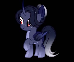 Size: 1080x898 | Tagged: safe, alternate version, artist:sia.brony, derpibooru import, oc, oc only, alicorn, bat pony, bat pony alicorn, pony, alicorn oc, bat pony oc, bat wings, black background, female, filly, horn, raised hoof, raised leg, simple background, smiling, solo, wings