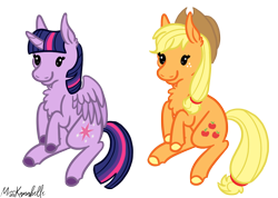 Size: 1220x867 | Tagged: safe, artist:misskanabelle, derpibooru import, applejack, twilight sparkle, twilight sparkle (alicorn), alicorn, earth pony, pony, chest fluff, colored hooves, commission, duo, female, freckles, hat, horn, mare, signature, simple background, sitting, smiling, transparent background, wings, ych result