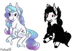 Size: 1268x867 | Tagged: safe, artist:misskanabelle, derpibooru import, oc, oc only, earth pony, pony, chest fluff, colored hooves, commission, duo, ear fluff, ears, earth pony oc, ethereal mane, female, hoof fluff, mare, signature, simple background, sitting, smiling, starry mane, transparent background, ych result