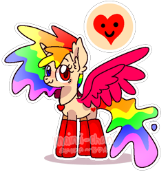 Size: 606x621 | Tagged: safe, artist:maiii-san, derpibooru import, oc, oc only, alicorn, pony, alicorn oc, clothes, donut steel, ear fluff, ears, female, heart, heterochromia, horn, jewelry, mare, multicolored hair, necklace, rainbow hair, simple background, smiling, socks, solo, transparent background, wings