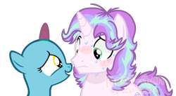 Size: 1164x637 | Tagged: safe, artist:maiii-san, derpibooru import, oc, oc only, pony, unicorn, bald, base used, bust, duo, eyelashes, female, magical lesbian spawn, male, mare, nervous, offspring, parent:starlight glimmer, parent:trixie, parents:startrix, simple background, smiling, stallion, sweat, transparent background