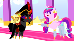 Size: 1280x720 | Tagged: safe, artist:magpie-pony, derpibooru import, braeburn, king sombra, princess cadance, alicorn, bird, parrot, pony, unicorn, aladdin, birdified, female, iago, jafar, male, mare, pinkie tales, pointing, pointy ponies, princess jasmine, species swap, stallion, youtube link