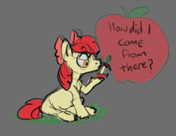 Size: 545x422 | Tagged: safe, artist:purple-blep, derpibooru import, apple bloom, earth pony, pony, apple, female, filly, food, solo, text