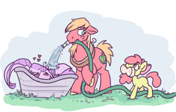 Size: 782x499 | Tagged: safe, artist:purple-blep, derpibooru import, apple bloom, big macintosh, oc, oc:scylla, dragon, earth pony, pony, female, filly, grass, hose, male, sponge, stallion, water