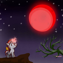 Size: 676x674 | Tagged: safe, artist:weirdarttb, derpibooru import, oc, oc:sinar bulan indonesia, alicorn, cliff, eclipse, female, filly, full moon, lunar eclipse, magic, moon, night, night sky, open mouth, sky, solo, stars, tree, watermark