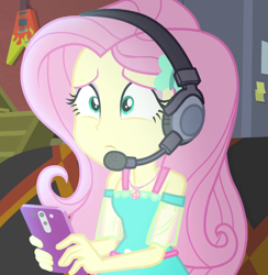 Size: 717x734 | Tagged: safe, derpibooru import, screencap, fluttershy, better together, costume conundrum, equestria girls, cellphone, cropped, headphones, headset, phone, solo