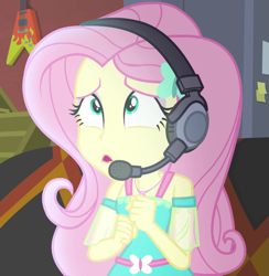 Size: 717x734 | Tagged: safe, derpibooru import, screencap, fluttershy, better together, costume conundrum, equestria girls, cropped, headphones, headset, solo