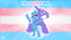Size: 5360x3009 | Tagged: safe, artist:andoanimalia, derpibooru import, trixie, pony, unicorn, bipedal, brooch, cape, clothes, cute, diatrixes, female, hat, jewelry, looking at you, open mouth, pretty, pride, pride flag, solo, trans trixie, transgender, transgender pride flag, trixie's brooch, trixie's cape, trixie's hat, y pose