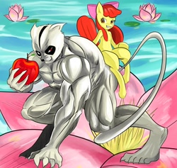 Size: 2800x2650 | Tagged: safe, artist:uguisunokoe1919, derpibooru import, apple bloom, animal, apple, female, filly, flower, food, muscles, water