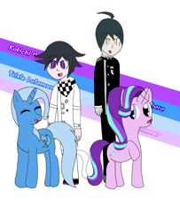 Size: 1280x1575 | Tagged: safe, artist:savanahbakes645, derpibooru import, starlight glimmer, trixie, human, pony, unicorn, clothes, crossover, danganronpa, female, kokichi oma, male, open mouth, raised hoof, raised leg, shuichi saihara, simple background, text