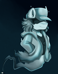 Size: 2550x3250 | Tagged: safe, artist:pridark, derpibooru import, oc, oc:ghost, ghost, ghost pony, cap, clothes, commission, dark background, hands in pockets, hat, high res, hoodie, jacket, male, smiling, solo