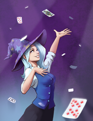 Size: 1200x1552 | Tagged: safe, artist:28gooddays, derpibooru import, trixie, human, grin, humanized, playing card, smiling, solo