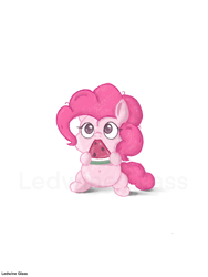 Size: 1536x2048 | Tagged: safe, artist:ledwine glass, derpibooru import, pinkie pie, earth pony, pony, belly button, chibi, chubby, cute, diapinkes, eating, female, food, mare, simple background, solo, watermark, watermelon