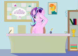 Size: 2500x1800 | Tagged: safe, artist:drakang, derpibooru import, starlight glimmer, sunburst, alicorn, pony, unicorn, comic, female, misspelling, solo, working