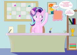 Size: 2500x1800 | Tagged: safe, artist:drakang, derpibooru import, starlight glimmer, sunburst, alicorn, pony, unicorn, comic, female, grammar error, solo, working