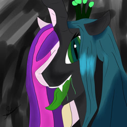 Size: 894x894 | Tagged: safe, artist:bioman1998, artist:karmazoid, derpibooru import, princess cadance, queen chrysalis, alicorn, changeling, changeling queen, pony, bride, bust, crown, dark background, disguise, disguised changeling, drool, duality, duo, duo female, ear down, edgy, excited, fake cadance, fangs, female, high res, horn, jewelry, long tongue, looking at you, maw, mawshot, open mouth, regalia, salivating, simple background, smiling, smiling at you, teeth, tongue, tongue out, two sides