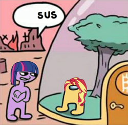 Size: 742x720 | Tagged: safe, derpibooru import, edit, sunset shimmer, twilight sparkle, amogus, among us, meme, meta, stealth pun