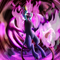 Size: 5800x5800 | Tagged: safe, artist:florarena-kitasatina/dragonborne fox, derpibooru import, demon, pony, a bajillion light sources, absurd resolution, all the pink, artificial wings, augmented, cel shading, chaos, cloven hooves, crooked horn, fire, here we go again, horn, how even, magic, magic wings, magical devil, mio (100% orange juice), ponified, reality is out to lunch, shading, signature, unshorn fetlocks, vortex, watermark, why, wings