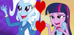 Size: 2286x1080 | Tagged: safe, derpibooru import, edit, edited screencap, screencap, trixie, twilight sparkle, equestria girls, rainbow rocks, female, heart, lesbian, shipping, shipping domino, twixie