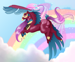 Size: 3500x2900 | Tagged: safe, artist:elena-naqua, derpibooru import, oc, oc only, classical hippogriff, hippogriff, adoptable, claws, cloud, crown, eyelashes, feather, female, flying, jewelry, purple eyes, purple mane, rainbow, regalia, sky, smiling, solo, spread wings, stars, wings