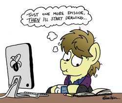 Size: 2000x1691 | Tagged: safe, artist:bobthedalek, derpibooru import, oc, oc only, oc:kettle master, earth pony, pony, atg 2021, banana, bathrobe, clothes, computer, food, messy mane, newbie artist training grounds, pajamas, pencil, robe, sketchbook, thought bubble