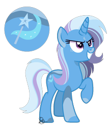 Size: 930x1088 | Tagged: safe, artist:pegasister64, derpibooru import, trixie, pony, unicorn, alternate universe, female, freckles, mare, raised hoof, raised leg, redesign, signature, simple background, solo, transparent background