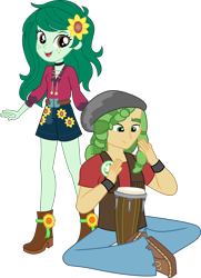Size: 4357x6013 | Tagged: safe, artist:cloudyglow, artist:marcorois, derpibooru import, edit, sandalwood, wallflower blush, equestria girls, equestria girls series, let it rain, spoiler:eqg series (season 2), absurd resolution, clothes, crossed legs, cute, drumming, drums, female, flowerbetes, male, music festival outfit, musical instrument, open mouth, pants, sandalflower, shipping, shirt, shoes, shorts, simple background, sitting, smiling, straight, transparent background, updated, vector, vest