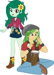 Size: 4357x6013 | Tagged: safe, artist:cloudyglow, artist:marcorois, derpibooru import, edit, sandalwood, wallflower blush, better together, equestria girls, let it rain, absurd resolution, clothes, crossed legs, cute, drumming, drums, female, flowerbetes, male, music festival outfit, musical instrument, open mouth, pants, sandalflower, shipping, shirt, shoes, shorts, simple background, sitting, smiling, straight, transparent background, updated, vector, vest