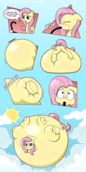 Size: 2046x4096 | Tagged: safe, artist:tuft, derpibooru import, angel bunny, fluttershy, pegasus, pony, :t, belly, big belly, bingo wings, blimp, blushing, cloud, comic, dialogue, ears, embarrassed, eyes closed, floating, floppy ears, flutterblimp, helium inflation, helium tank, high res, hose, huge belly, impossibly large belly, inflation, neck roll, offscreen character, sky, sweat, sweatdrops, underhoof, wide eyes