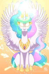 Size: 900x1353 | Tagged: safe, artist:nivimonster, derpibooru import, princess celestia, pony, glowing eyes, solo, spread wings, wings