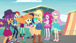 Size: 1920x1080 | Tagged: safe, derpibooru import, screencap, applejack, fluttershy, megan williams, pinkie pie, rainbow dash, sci-twi, sunset shimmer, twilight sparkle, better together, equestria girls, g1, rollercoaster of friendship, female, offscreen character, outdoors