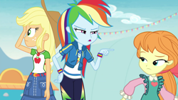 Size: 1920x1080 | Tagged: safe, derpibooru import, screencap, applejack, megan williams, rainbow dash, better together, equestria girls, g1, rollercoaster of friendship, female, frown, outdoors, pointing, trio, trio female