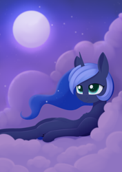 Size: 988x1394 | Tagged: safe, artist:dusthiel, derpibooru import, princess luna, alicorn, pony, atg 2021, clothes, cloud, female, filly, lying down, lying on a cloud, newbie artist training grounds, on a cloud, on back, procrastination, woona, younger