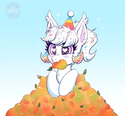 Size: 4096x3800 | Tagged: safe, artist:confetticakez, oc, oc only, oc:confetti cupcake, bat pony, pony, atg 2021, bat pony oc, blushing, cute, daaaaaaaaaaaw, ear tufts, female, food, fruit, gradient background, hat, heart eyes, heart shaped, mango, mare, mouth hold, newbie artist training grounds, ocbetes, party hat, smiling, solo, weapons-grade cute, wingding eyes