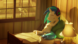 Size: 3840x2160 | Tagged: safe, artist:xppp1n, derpy hooves, dj pon-3, vinyl scratch, pegasus, pony, unicorn, 3d, bed, bedroom, blender, blender cycles, eyes closed, female, guitar, headphones, lying on bed, mare, sitting, smiling