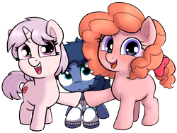Size: 3448x2596 | Tagged: safe, artist:crade, artist:heretichesh, artist:wenni, oc, oc only, oc:peachy keen, oc:red pill, oc:whinny, earth pony, pony, unicorn, ponybooru collab 2021, blushing, crouching, earth pony oc, female, filly, hoodie, looking at you, mare, open mouth, simple background, smiling, solo jazz, transparent background, trio, unicorn oc