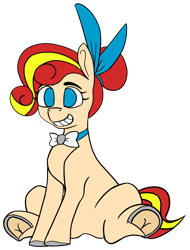 Size: 1048x1379 | Tagged: safe, artist:raredonk, oc, oc only, oc:widget, earth pony, pony, ponybooru collab 2021, bowtie, female, freckles, mare, simple background, sitting, smiling, solo, transparent background